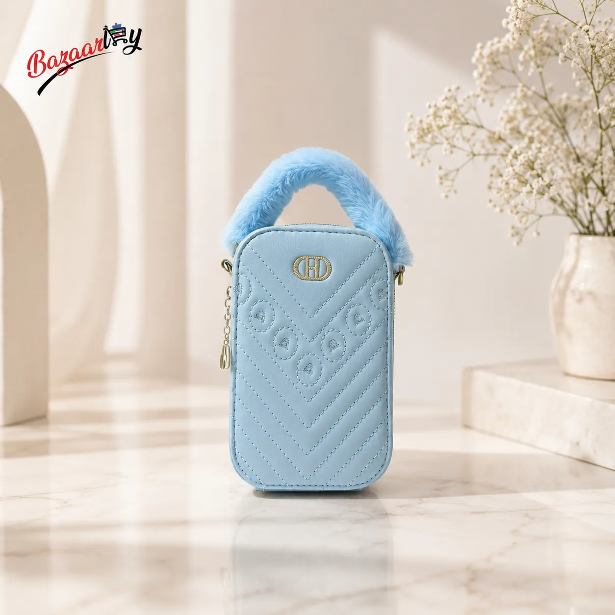 Women’s Light Blue Mini Crossbody Bag with Furry Handle – Stylish Small Shoulder Bag